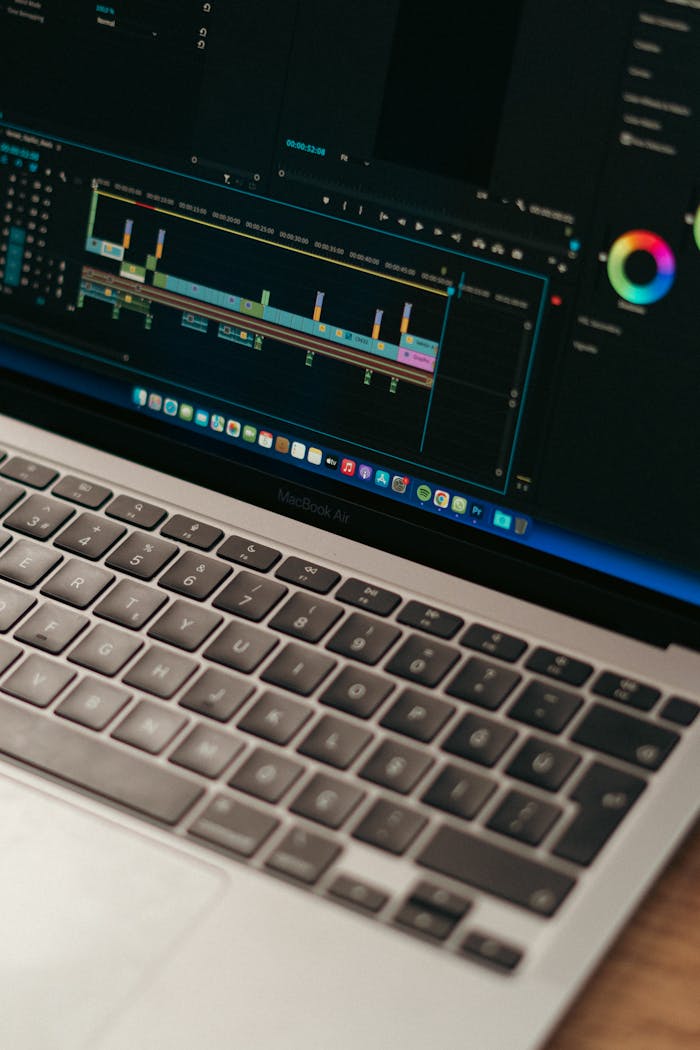 Detailed view of video editing software interface on a MacBook Air.